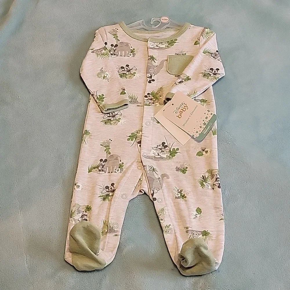Disney Mickey Safari onsie with footies 0-3 months. Gray & Green